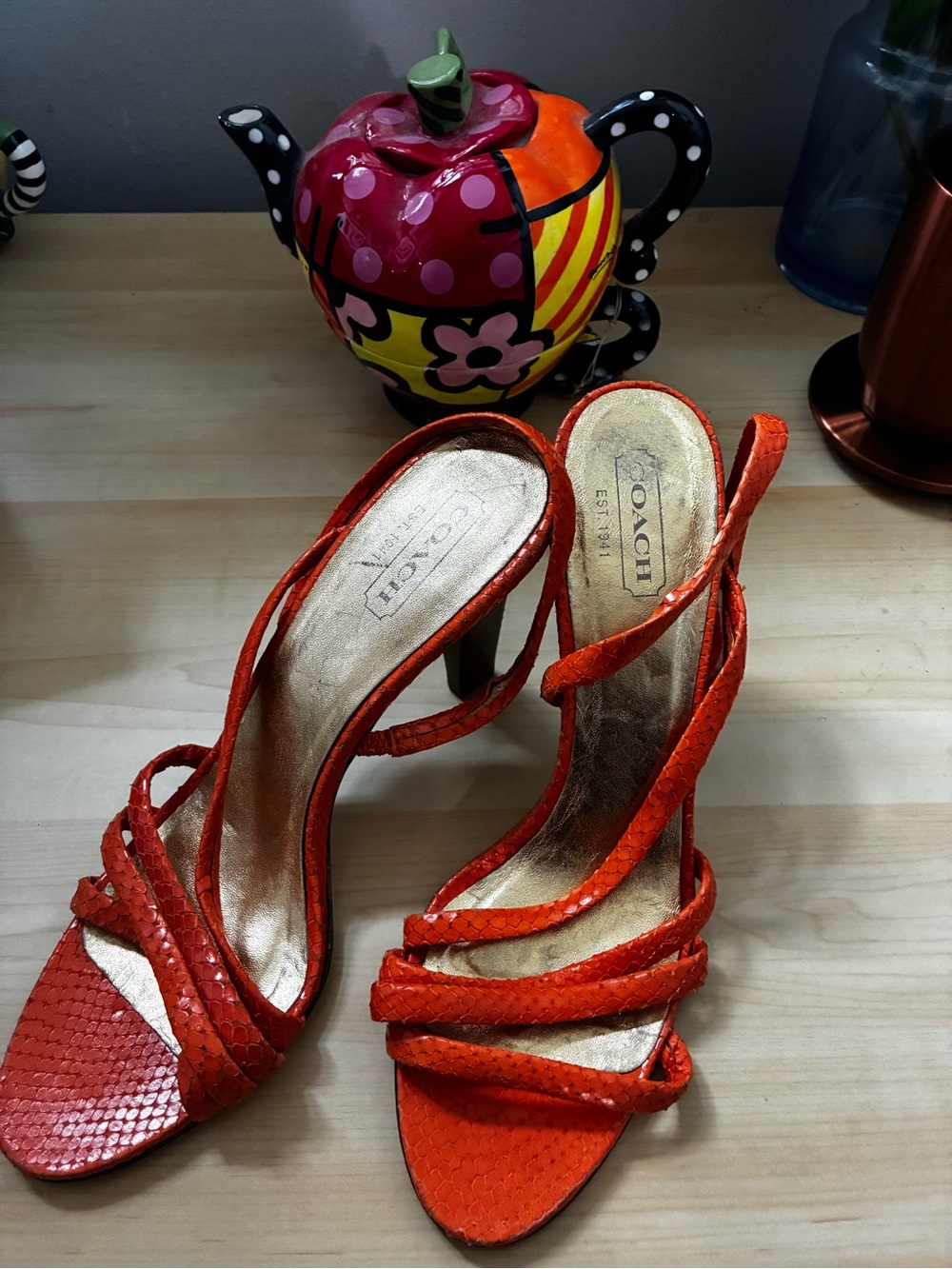 COACH Bright Orange Strappy High-Heel Sandals